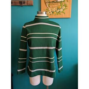 Women's vintage green turtleneck top 1970s polyester striped tunic top